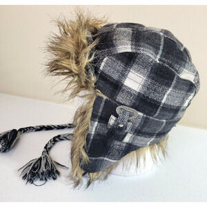 American Eagle Outfitters Gray Plaid Faux Fur Lined Trapper Hat Women's Size S-M
